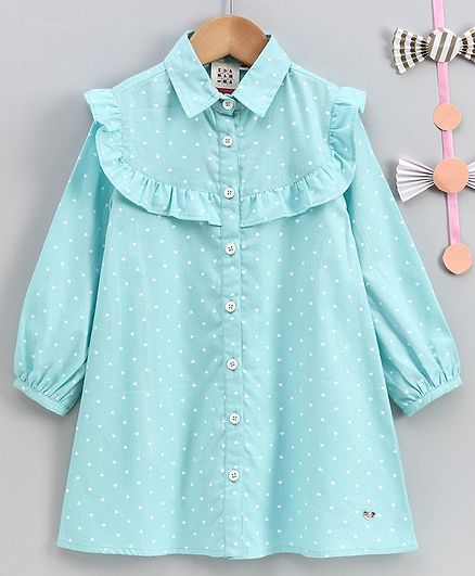 Ed-a-Mamma Full Sleeves Polk Dot Printed Shirt Dress - Light Blue
