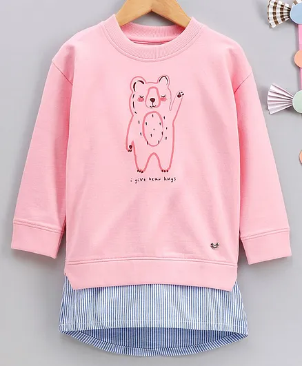 Ed-a-Mamma Bear Hugs Print Full Sleeves Sweat Dress - Pink