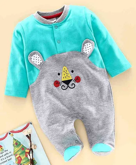 Wonderchild Full Sleeves Bear Design Footed Romper - Grey