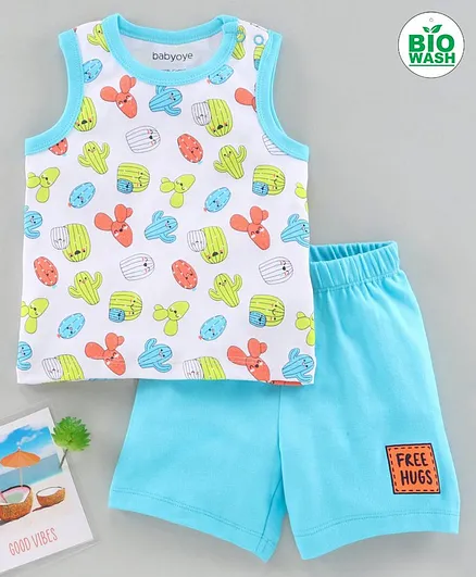 Babyoye Sleeveless Bio Washed Tee and Shorts Set Cactus Print - Blue