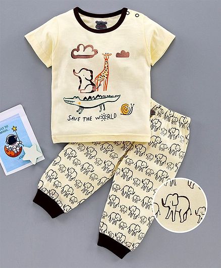 Mini Taurus Half Sleeves T-Shirt & Lounge Pant Set Animal Print - Cream Brown