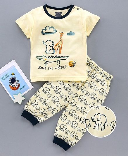 Mini Taurus Half Sleeves T-Shirt & Lounge Pant Set Animal Print - Cream Blue
