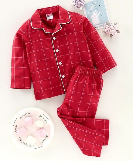 Babyhug Full Sleeves Checked Night Suit - Red