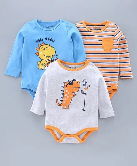 Babyoye Cotton Full Sleeves Onesies Dino Print Pack of 3 - Grey Blue Orange