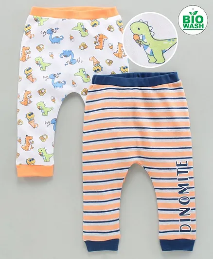 Babyoye Cotton Full Length Diaper Leggings Dino Print Pack of 2 - White Orange