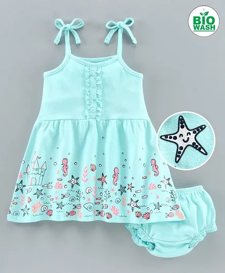 Babyoye Cotton Singlet Frock With Bloomer Sea Animals Print - Light Blue