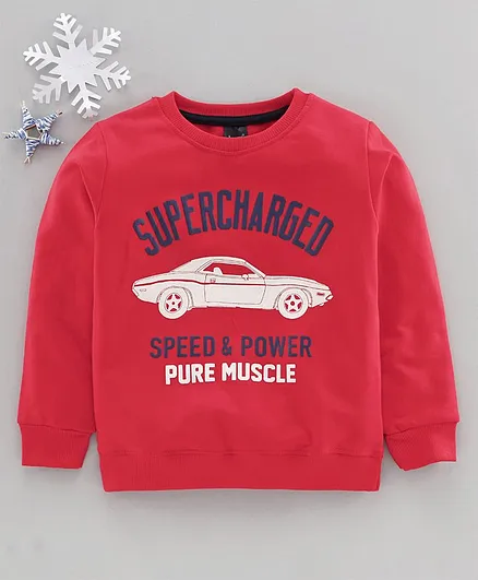 Lazy Bones Full Sleeves Sweatshirt Car Print - Red