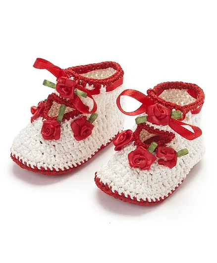 Funkrafts Crochet Flower Decorated Booties - Red & Cream