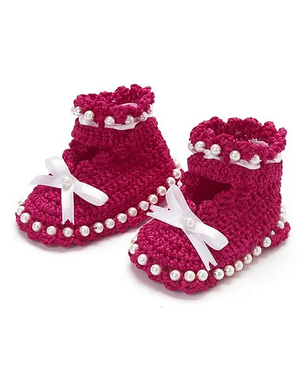 Funkrafts Crochet Pearl Embellished Booties - Pink