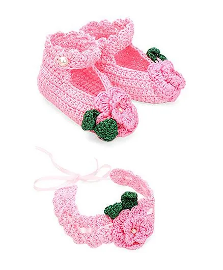 Funkrafts Flower Decorated Crochet Booties & Headband - Pink