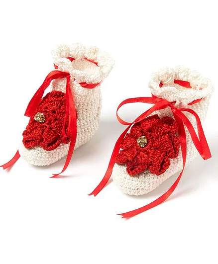 Funkrafts Flower Design Crochet Booties - Red & Off White