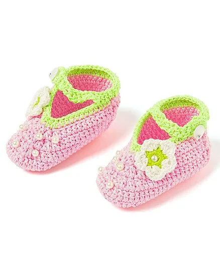 Funkrafts Flower Applique Crochet Booties - Pink