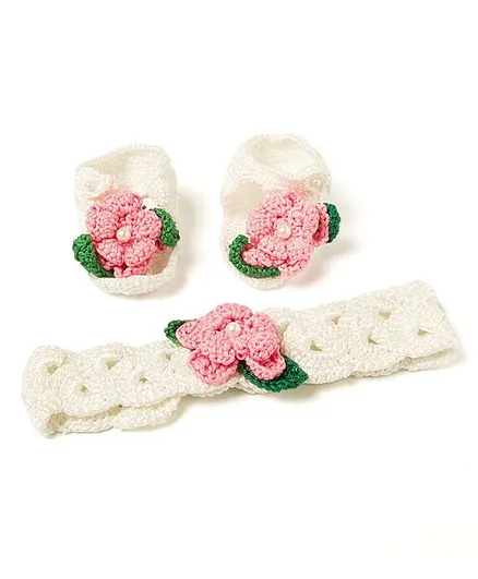 Funkrafts Flower Applique Crochet Booties & Headband - Pink
