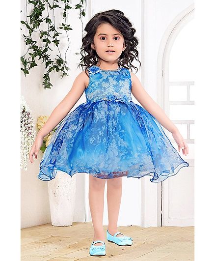 Fiona Flower Printed Sleeveless Dress - Blue
