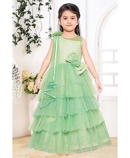 Fiona Flower Embellished Layered Tulle Sleeveless Gown - Green