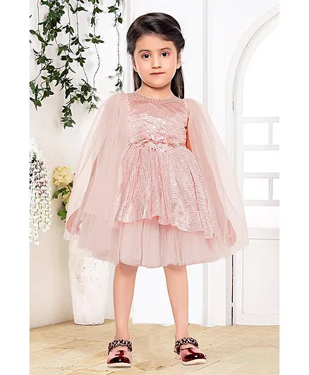 Fiona Flower Applique At Waistline Full Sleeves Dress - Peach