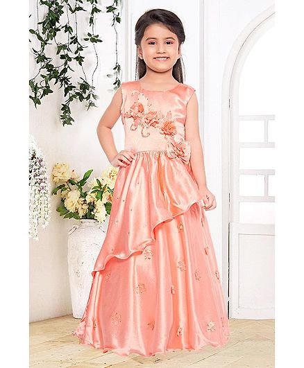 Fiona Flower Embellished Sleeveless Gown - Peach