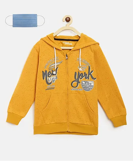 Li'L tomatoes Printed Full Sleeves Jacket With 3 Ply Mask - Mustard