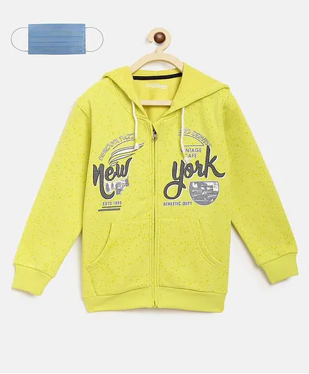 Li'L tomatoes Printed Full Sleeves Jacket With 3 Ply Mask - Neon Green