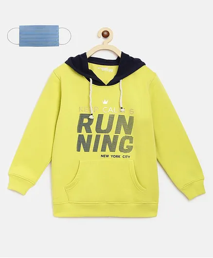 Li'L tomatoes Run Print Full Sleeves Hoodie With 3 Ply Mask - Neon Green
