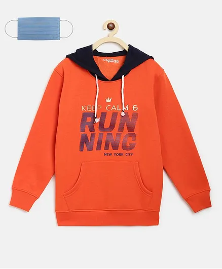 Li'L tomatoes Run Print Full Sleeves Hoodie With 3 Ply Mask - Orange