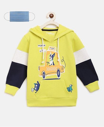 Li'L tomatoes Car Print Full Sleeves Hoodie With 3 Ply Mask - Neon Green