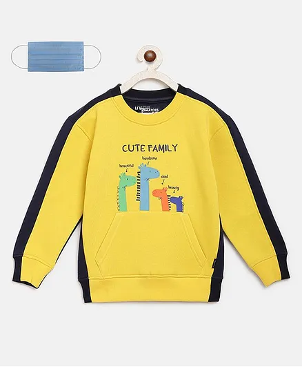 Li'L tomatoes Cute Dino Family Print Full Sleeves Sweatshirt With 3 Ply Mask - Yellow