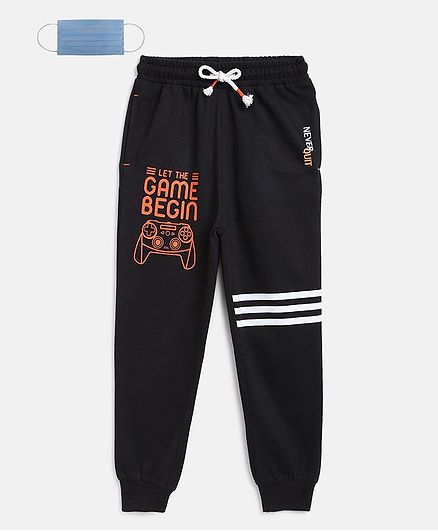 Li'L tomatoes Game Begin Print Full Length Track Pants With 3 Ply Mask - Black