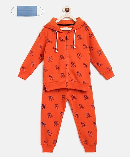 Li'L tomatoes Dino Print Full Sleeves Track Suit With 3 Ply Mask - Orange