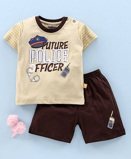 Mini Taurus Half Sleeves T-Shirt & Shorts Set Text Print - Cream Brown