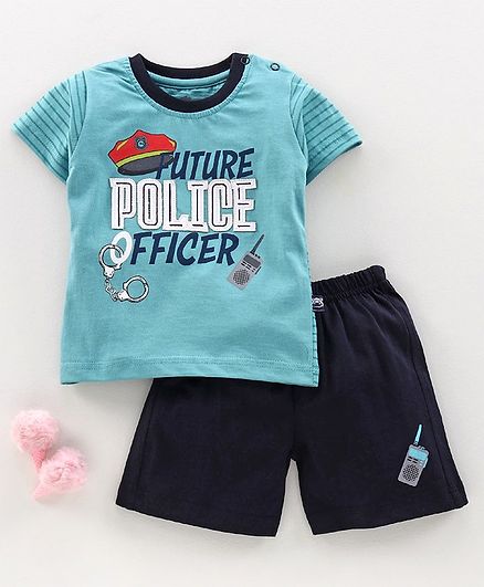 Mini Taurus Half Sleeves T-Shirt & Shorts Set Text Print - Blue