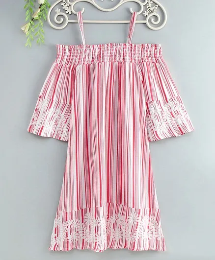 Global Desi Girl Three Fourth Sleeves Striped Cold Shoulder Dress - Coral