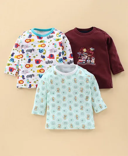 Kidi Wav Pack Of 3 Full Sleeves Animals Print T-Shirts - Multi Colour