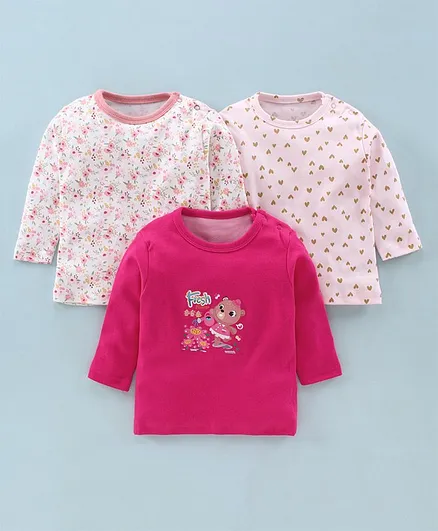 Kidi Wav Pack Of 3 Full Sleeves Teddy Print T-Shirts - Multi Colour