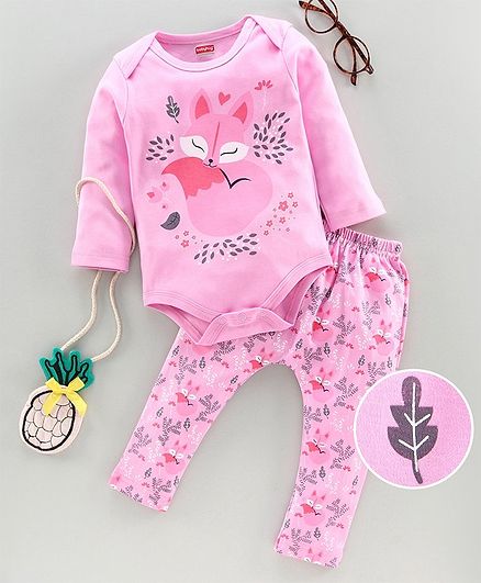 Babyhug 100% Cotton Onesies with Leggings Fox Print - Pink