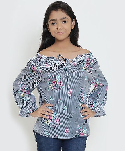 Natilene Off Shoulder Full Sleeves Striped Polyester Top - Black