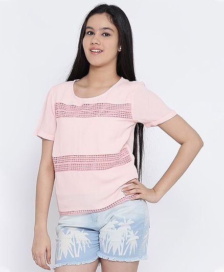 Natilene Half Sleeves Solid Polyester Top - Peach