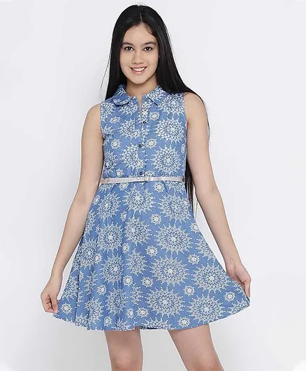 Natilene Sleeveless Embroidery Polyester Dress - Blue