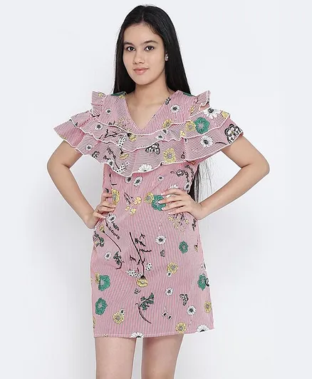 Natilene Half Sleeves Floral Print & Striped Polyester Dress - Red