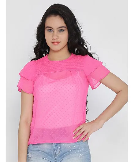 Natilene Self Design Half Sleeves Top - Pink