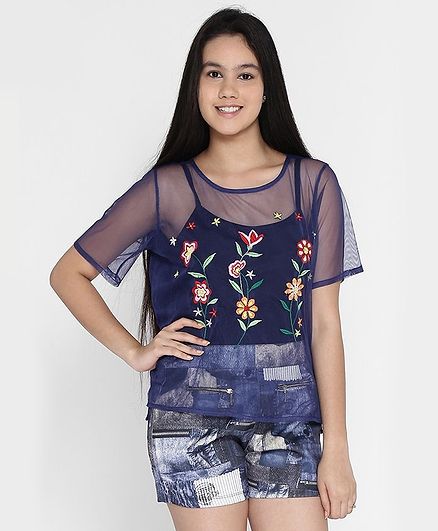 Natilene Embroidered Half Sleeves Top - Navy
