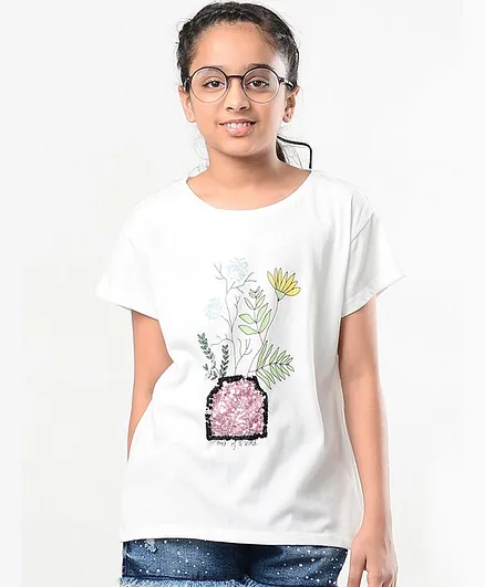 Natilene Half Sleeves Printed Cotton Tee - Offwhite