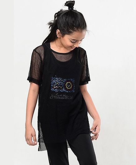 Natilene Solid Half Sleeves Top - Black