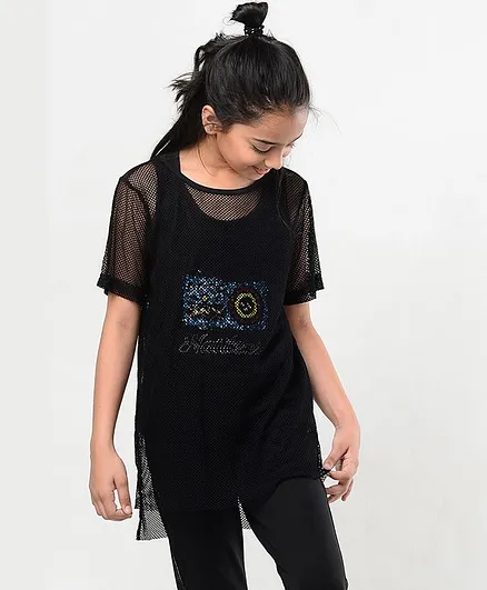Natilene Solid Half Sleeves Top - Black