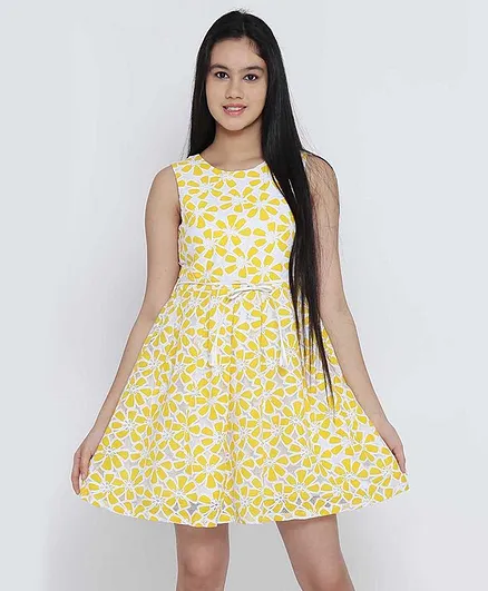 Natilene Sleeveless Floral Print Dress - Yellow
