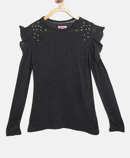 Natilene Beads Embellished Full Sleeves Top - Black