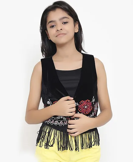 Natilene Flower Embroidered Sleeveless Jacket - Black
