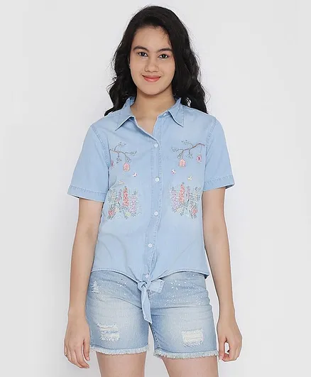 Natilene Half Sleeves Embroidered Shirt - Blue