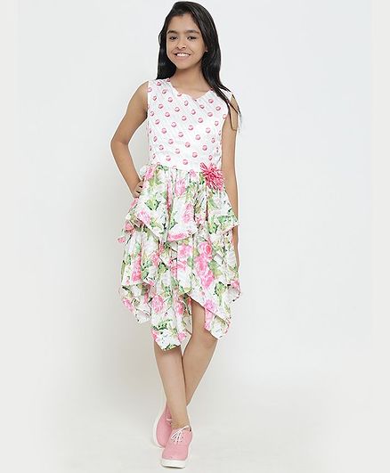 Natilene Flower Printed Sleeveless Dress - White
