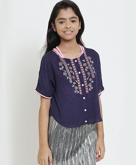 Natilene Half Sleeves Flower Embroidered Top - Blue